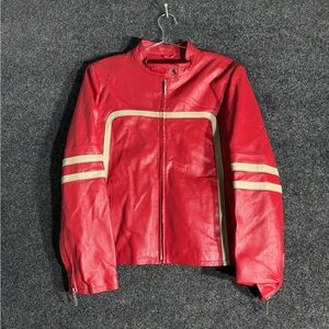 Red Leather Moto Jacket women m Racing Stripes Vintage Real Work Wear Motorcycle
